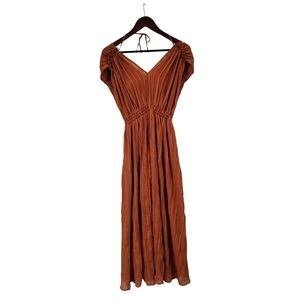 Moussy Rust Orange Boho Satin Pleated Midi Dress Women's Size Small Ruffle Front